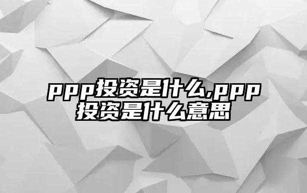 ppp投資是什么,ppp投資是什么意思